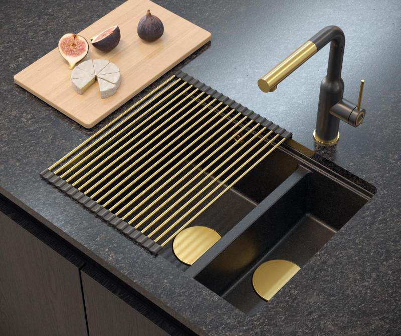 Quadri Newport II antracitna granitna pomivalna korita z 1,5 posodo za nadgradnjo in vgradnjo 555x460 mm z zlato odtočno cevjo 1208967473