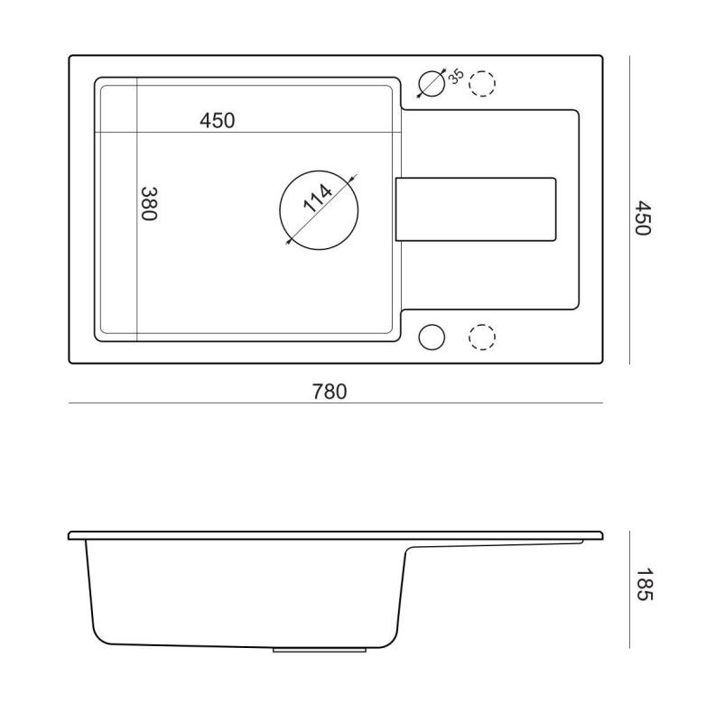 Quadri Sutton XL antracitni granitni nadgradni pomivalnik 78x45cm z odcejalno površino, reverzibilen, s črnim čepom 1208967494