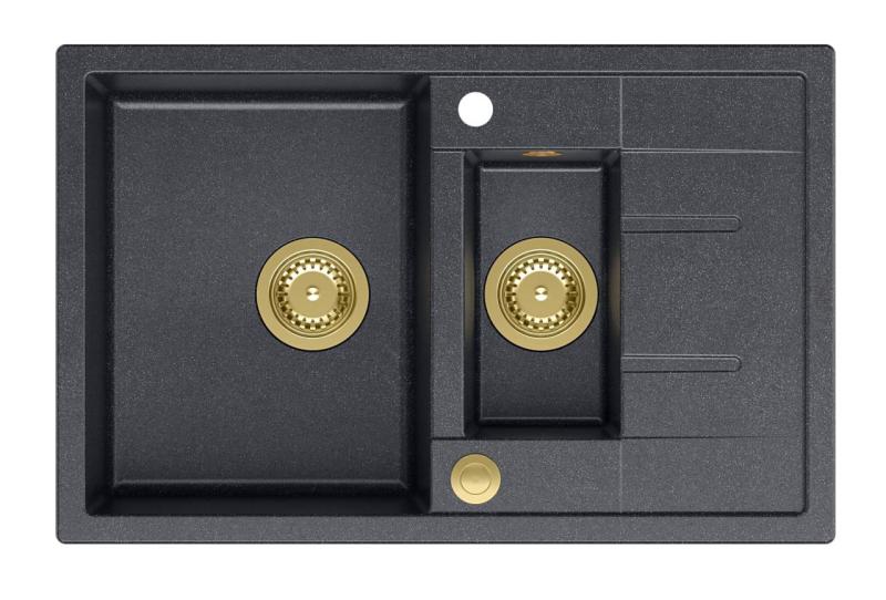 Quadri Brenton antracitni granitni nadgradni pomivalnik z odcejalno površino 78x50cm z zlato odtočno cevjo 1208967557