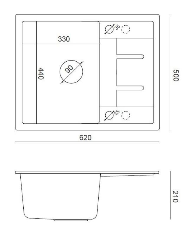 Quadri Dalton siva granitna vgradna pomivalna korito z odcejalno površino 62x50cm z bakrenim čepom 1208967566