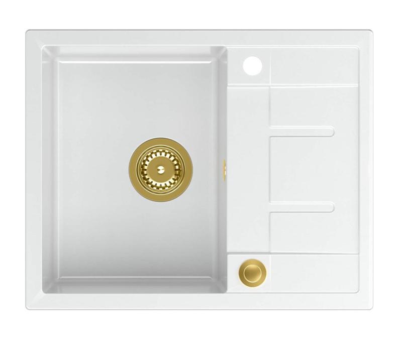 Quadri Dalton witte granieten opbouw spoelbak met afdruipvlak 62x50cm met gouden plug 1208967574