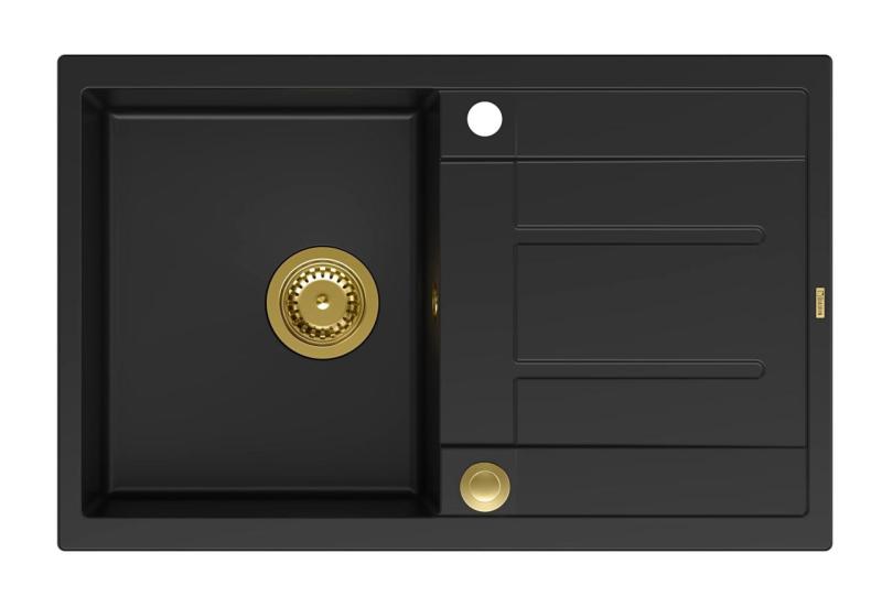 Quadri Sheffield Črno Granitno Vgradno Pomivalno Korito 78x50cm z Odcejalnikom in Zlato Izlivno Rešetko - 1208967581