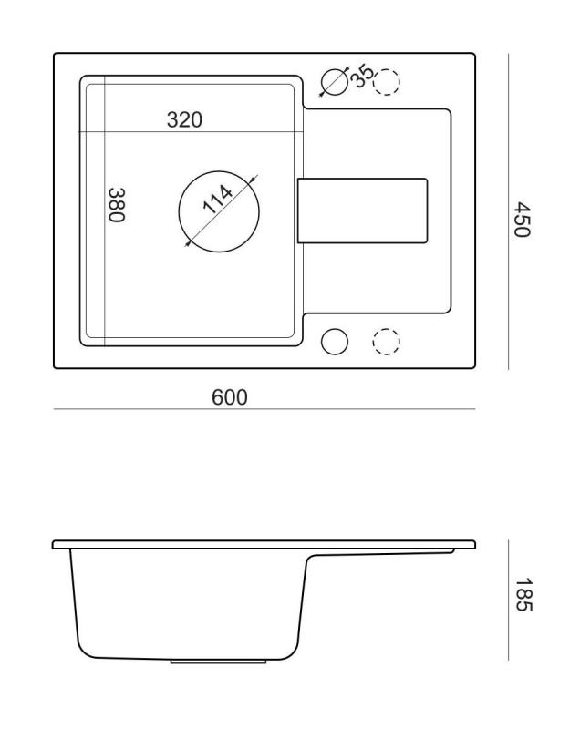 Quadri Sutton Antracitni Granitni Vgradni Pomivalnik 60x45cm z Odkapnim Površjem, Obrnljiv z Črnim Čepom - 1208967586