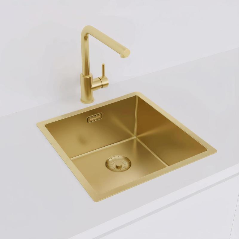 Pure.Sink Prestige pomivalno korito 40x40 cm PVD Zlato 10mm radijus za vgradnjo, plosko vgradnjo in nadgradnjo PPG4040-60