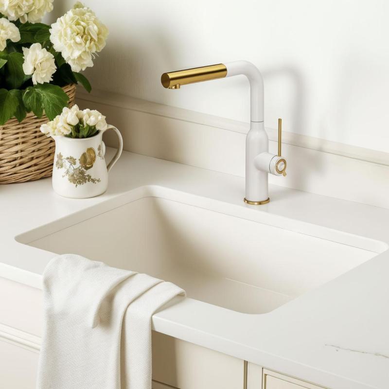 Quadri Stamford Kuhinjska Armatura Bela z Zlato PVD Obdelavo in Izvlečno Cevjo 1208967686