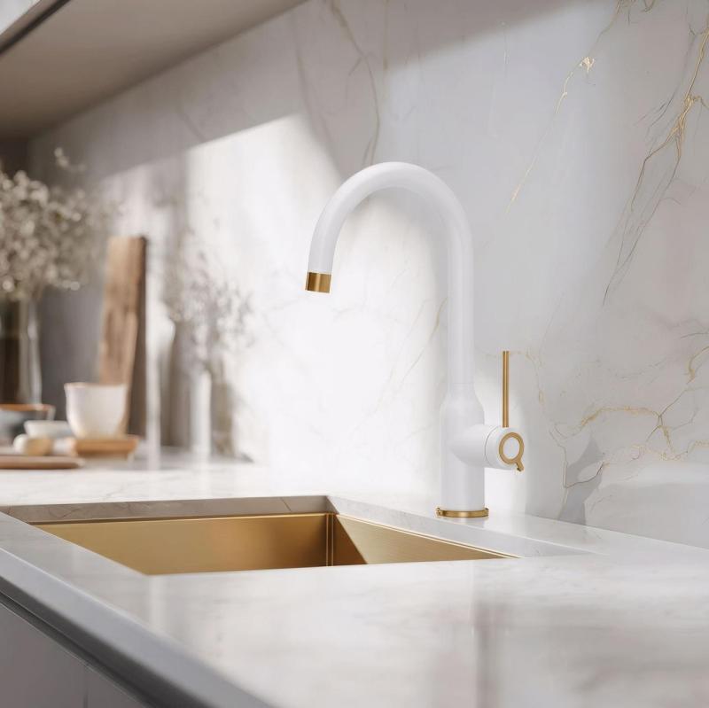 Quadri Stamford Kuhinjska Armatura Bela z Bakrenim Premazom z Vrtljivim Okroglim Izlivom 1208967711