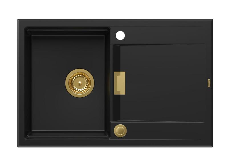 Quadri Minton Granitni Nadgradni Črni Pomivalnik 76x50cm z Odcejalnikom Obrnljiv in Zlati Sifon 1208967739