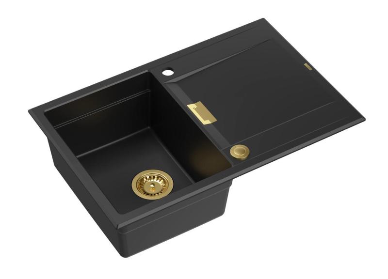 Quadri Minton Granitni Nadgradni Črni Pomivalnik 76x50cm z Odcejalnikom Obrnljiv in Zlati Sifon 1208967739