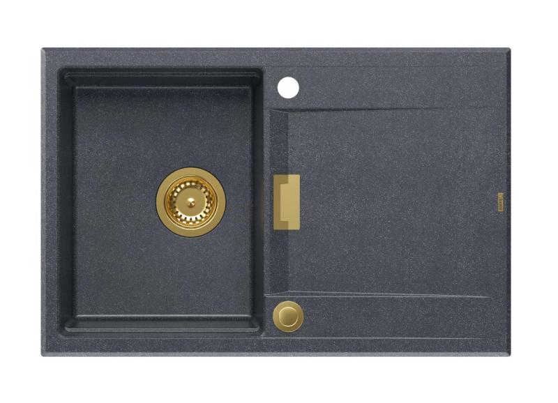 Quadri Minton Granitni Pulti Antracitni Pomivalno Korito 76x50cm z Odcejalnikom, Obrnljivo in Zlati Čep - 1208967745