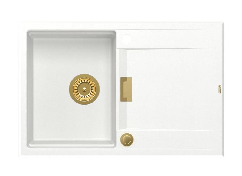 Quadri Minton Granitno Pomivalno Korito Bele Barve 76x50cm z Odcejevalnikom, Obrnljivo in Zlati Čep - 1208967748