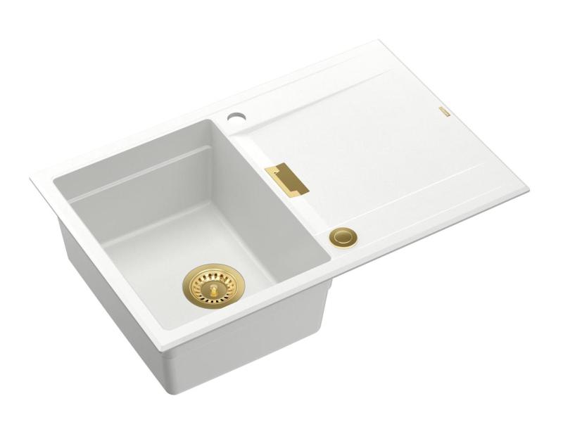 Quadri Minton Granitno Pomivalno Korito Bele Barve 76x50cm z Odcejevalnikom, Obrnljivo in Zlati Čep - 1208967748