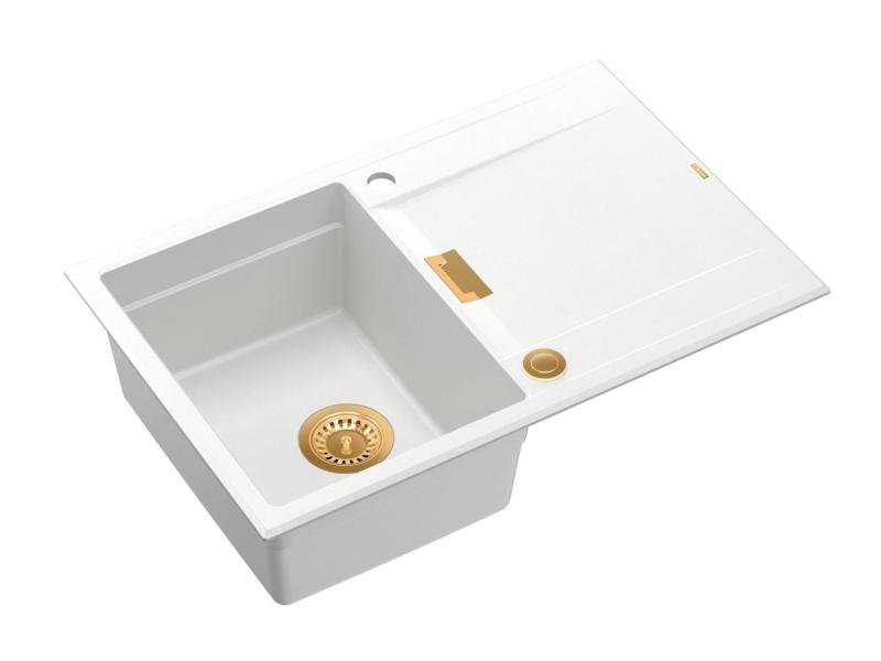 Quadri Minton Granitna Nadgradnja Bela Pomivalno Korito 76x50cm z Odkapom Obrnljivo in Bakrenim Čepom - 1208967749