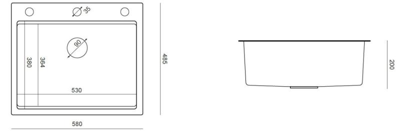 Aquadesign Vesta RVS Pomivalno Korito 580x485cm Nadpultno in Vgradno s Police za Pipo, vključuje RVS Čep in Dodatke - 1208967763