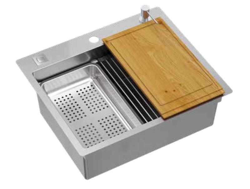 Aquadesign Vesta RVS Pomivalno Korito 580x485cm Nadpultno in Vgradno s Police za Pipo, vključuje RVS Čep in Dodatke - 1208967763
