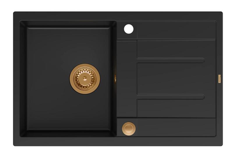 Quadri Sheffield Črna Granitna Vgradna Pomivalno Korito 78x50cm z Odtoknim Delom in Bakrenim Čepom - 1208967804