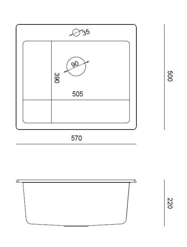 Quadri Sheffield Antracit Granitna Nadgradna ali Vgradna Pomivalno Korito 57x50 cm z Odprtino za Pipo in Nerjavno Jeklenim Čepom - 1208967811