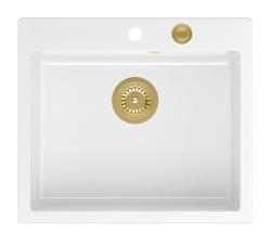 Quadri Sheffield Beli Granitni Nadpultni ali Vgradni Pomivalno Korito 57x50 cm z Odprtino za Pipo in Zlati Čep - 1208967817