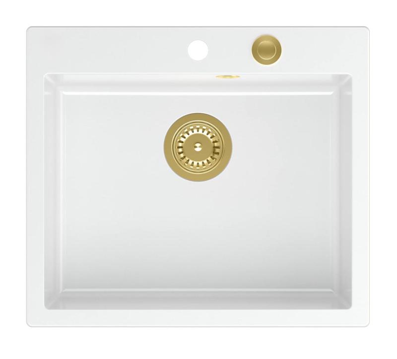 Quadri Sheffield Beli Granitni Nadpultni ali Vgradni Pomivalno Korito 57x50 cm z Odprtino za Pipo in Zlati Čep - 1208967817