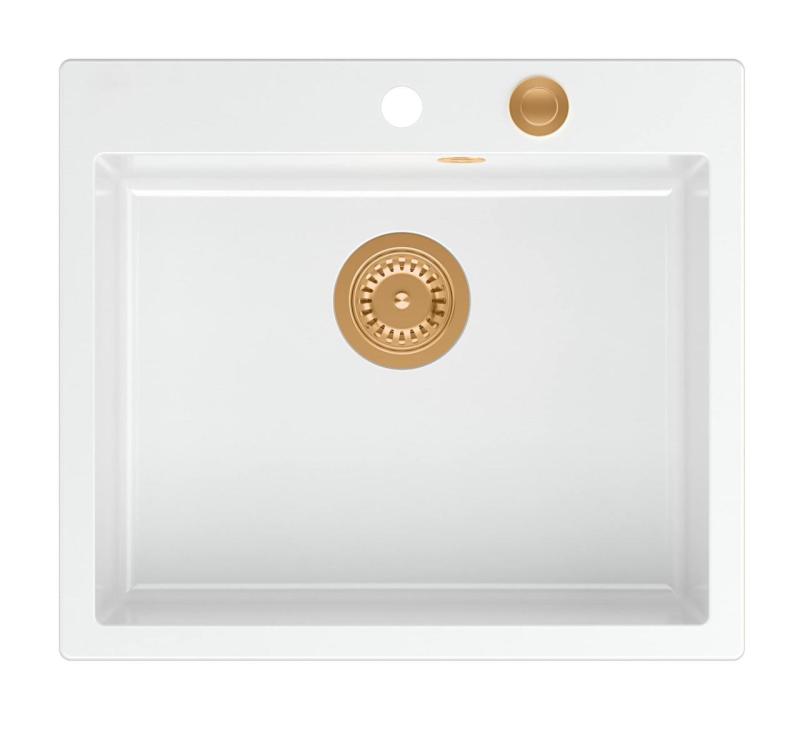 Quadri Sheffield Bela Granitna Vgradna ali Nadgradna Pomivalno Korito 57x50 cm s Polico za Pipo in Bakrenim Čepom - 1208967818