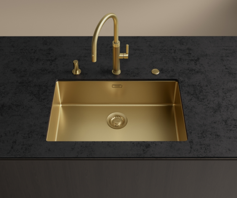 Franke Mythos Masterpiece kuhinjska pipa zlata z J-izlivom in izvlečno pršno glavo - 115.0711.558