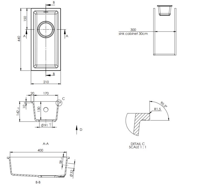 GraniteMy Universal Majhno Črno Granitno Korito 17x40 cm nadgradnja podgradnja in vgradnja z gun metal čepom - 1208967899