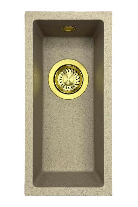 GraniteMy Universal granitna bež peščena majhna pomivalna korita 17x40 cm nadgradna, podgradna in ravna vgradnja z zlatim čepom 1208968003.