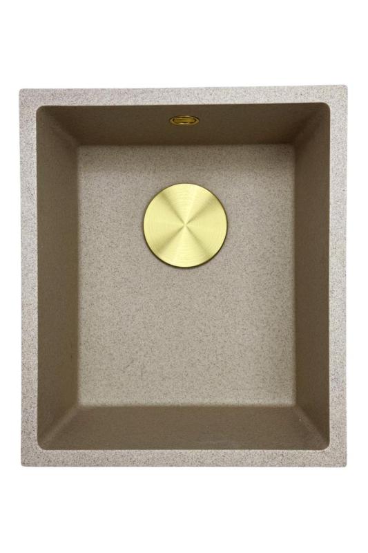 GraniteMy Universele granieten beige zand gootsteen 34x40 cm voor opbouw, onderbouw en vlakinbouw met gouden plug 1208968008