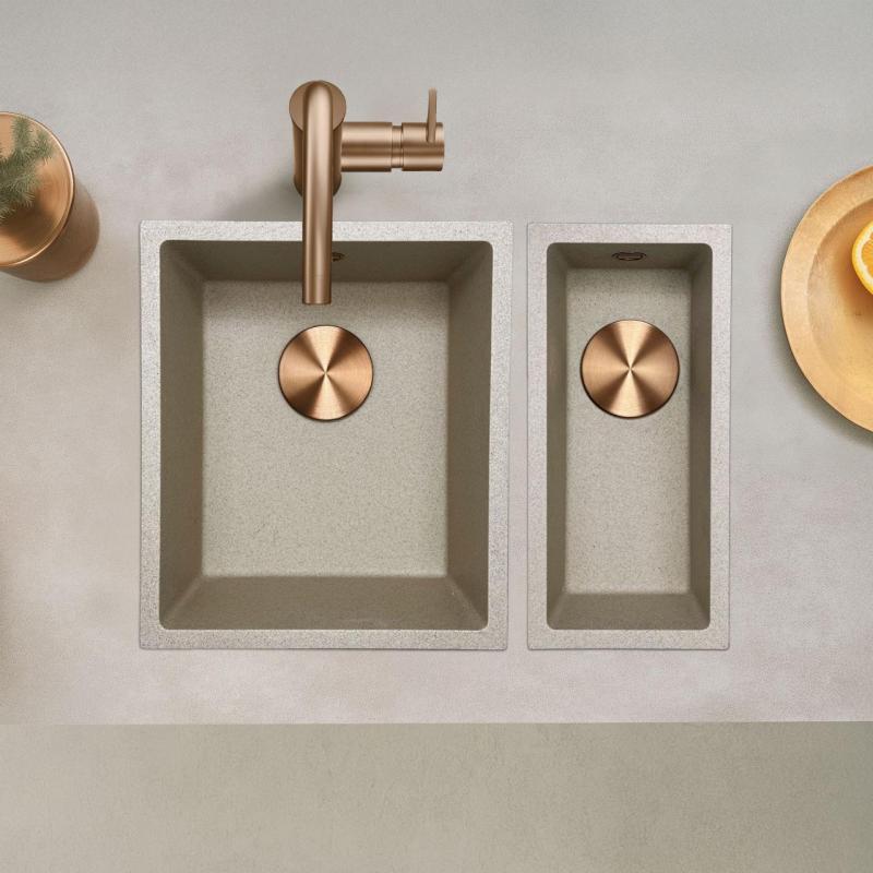 GraniteMy Universele granieten beige zand gootsteen 34x40 cm opbouw onderbouw en vlak inbouw met koperen plug 1208968009