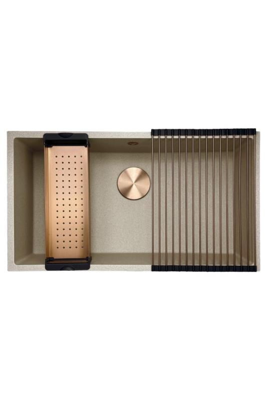 GraniteMy Universal granitna bež peska pomivalno korito 74x40 cm za vgradnjo pod pultom in vgradnjo v pult z bakrenim čepom 1208968019