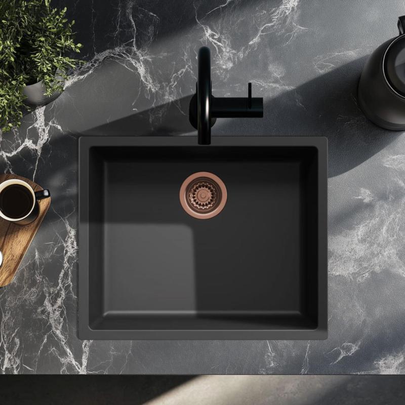 Črno korito 50x40 cm za vgradnjo, nadgradnjo in poravnavo z bakrenim čepom 1208968036