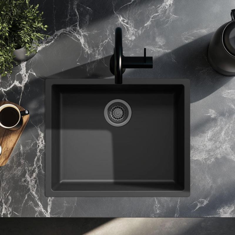 Črno pomivalno korito 50x40cm za vgradnjo in površinsko montažo z vtičem iz temne kovine 1208968038