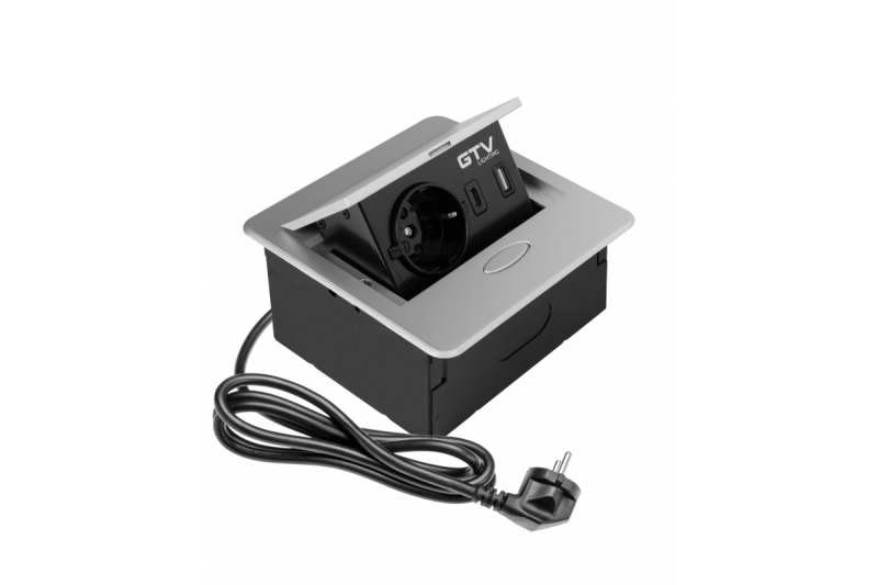 AVARO Vgradna Vtičnica za Pohištvo, 1x Schuko Vtičnica, USB A+C, 1,5m Kabel, Srebrna