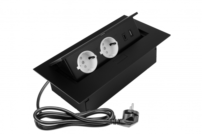 Pohištvena vtičnica 2x schuko vtičnica, USB A+C, brez kabla, črna