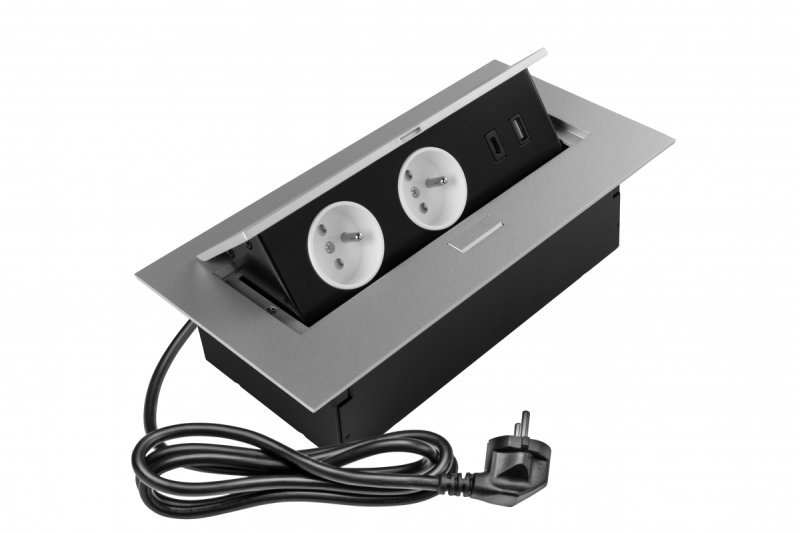 Pohištvena vtičnica 2x vtičnica z ozemljitvijo, USB A+C, napajalni kabel z vtičem, alu