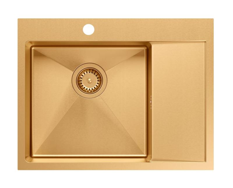 Akvadizajn Clara Pomivalno Korito Baker 62x48cm Nadgradna ali Vgradna z Odkapnim Regalom, Polico za Pipo in Bakrenim Čepom - 1208969503