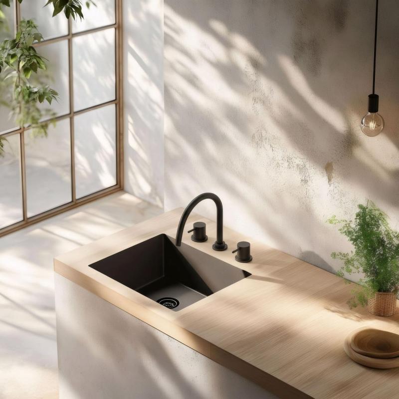 Waterevolution Flow 3-luknjasta kuhinjska armatura z vrtljivim izlivom in priključkom za filtrirano vodo črna T152UPR