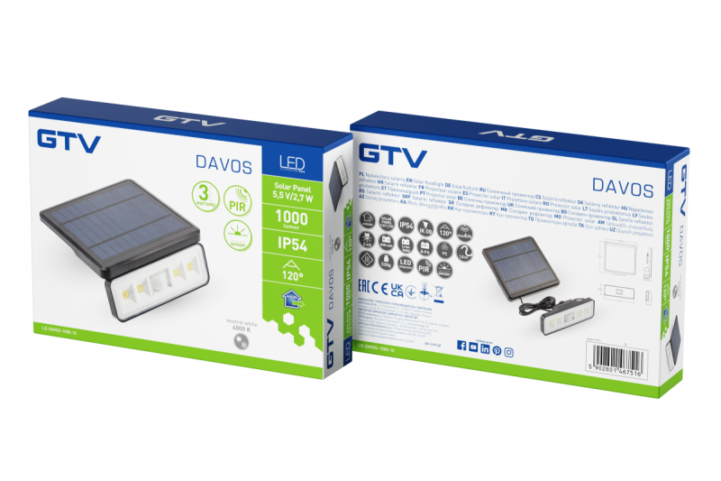 Sončna svetilka z gibalnim in senzorjem za somrak DAVOS, LED, 1000lm, 4000K, 2000mAh, IP54, črna