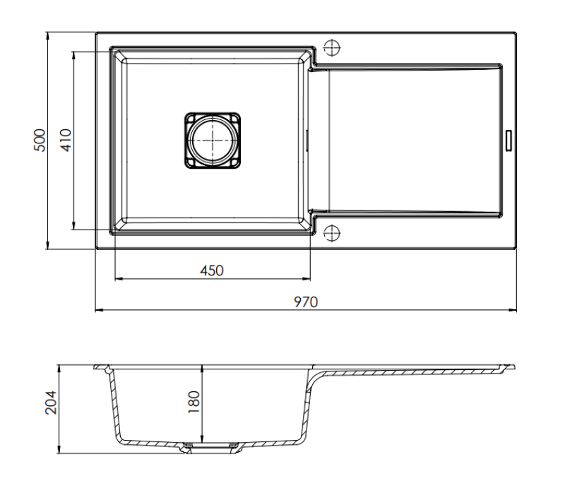GraniteMy Zafiri Črno Granitno Nadgradno Korito 97x50 cm z Odcejalnikom, Obrnljivo, z Črnim Kvadratnim Odtokovnim Pokrovom 1208969997
