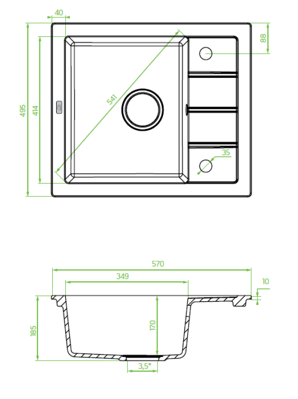 Aquadesign Somerset Granitni Nadgradni Pomivalno Korito Antracit z majhnim Odcejalnim Delom 570 x 495 mm 1208970084