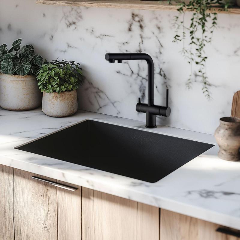 Ausmann Ellington 3-smerna kuhinjska armatura z izvlečno izlivno cevjo in filtrirano vodo – Črna - 1208970497