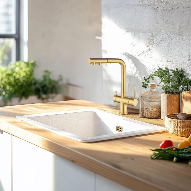 Ausmann Ellington 3-smerna kuhinjska armatura z izvlečno cevjo in filtrirano vodo – Zlata – 1208970498