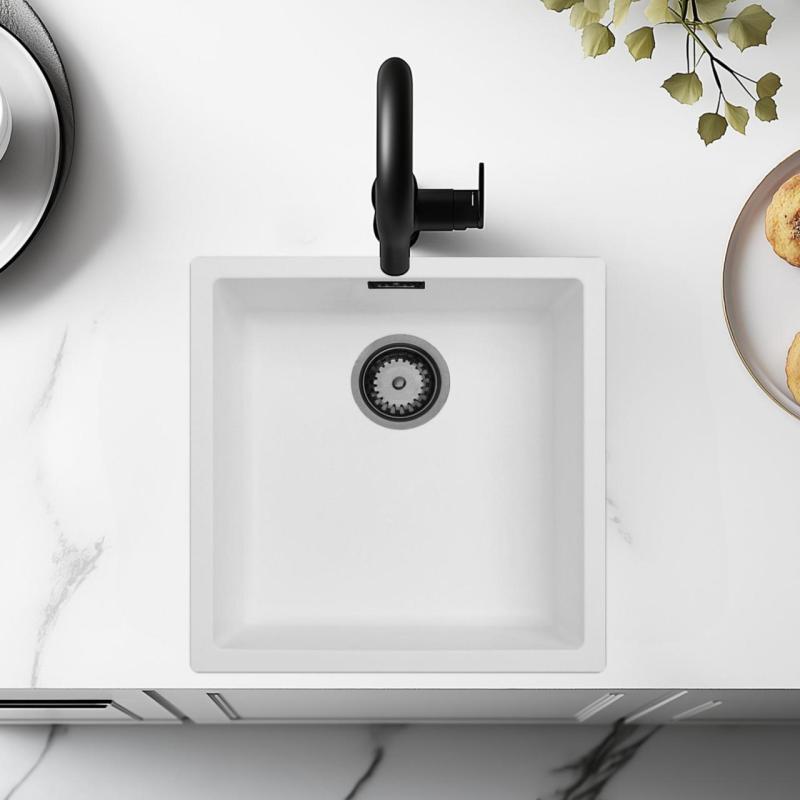 Witte wasbak 40x40 cm voor onderbouw, opbouw en vlakbouw met Gun Metal plug 1208970534