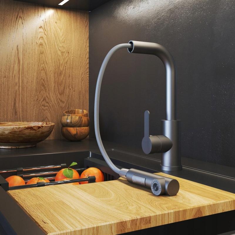 Graniteland Celeste Kuhinjska armatura Gun metal z izvlečno izlivno cevjo in dvofunkcijsko ročno prho 1208970666