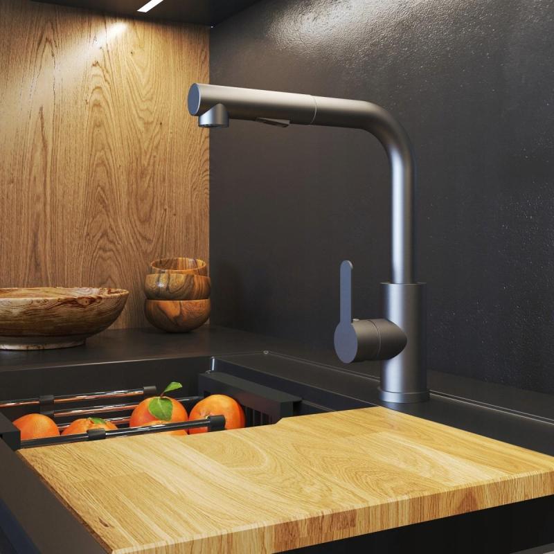 Graniteland Celeste Kuhinjska armatura Gun metal z izvlečno izlivno cevjo in dvofunkcijsko ročno prho 1208970666