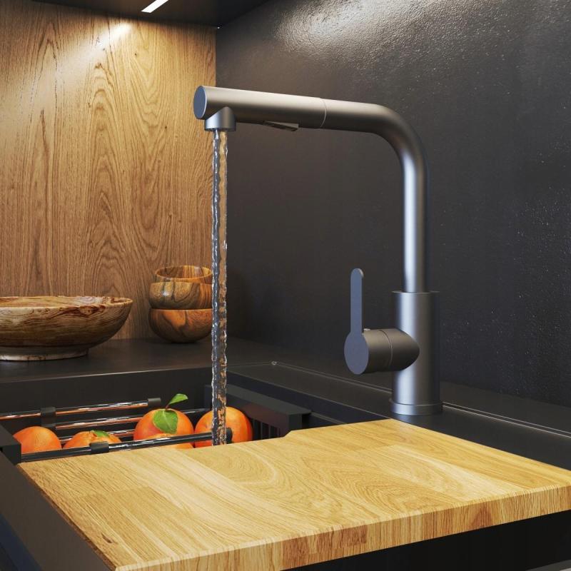 Graniteland Celeste Kuhinjska armatura Gun metal z izvlečno izlivno cevjo in dvofunkcijsko ročno prho 1208970666