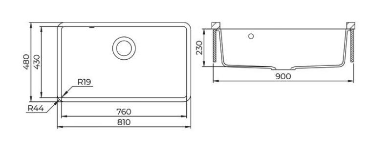 AquaGranite Modulo R19 velika granitna črna pomivalno korito 76x43 cm za vgradnjo in nadgradnjo z inox čepom 1208970688