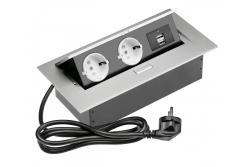 Podaljšek za mizo 2x Schuko-vtičnica, 2x USB, napajalni kabel z vtičem, aluminij.