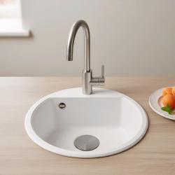 GraniteMy Bremen okroglo granitno pomivalno korito 43 cm belo nadgradnja in podgradnja z luknjo za pipo in kovinsko čepom v barvi pištole 1208971220