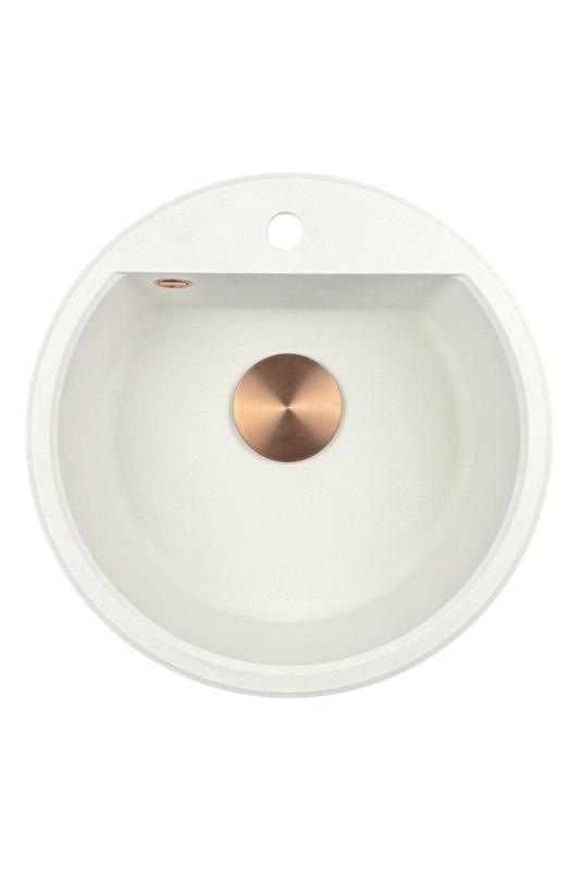 GraniteMy Bremen okroglo granitno korito 43 cm bela nadgradnja in podgradnja z luknjo za pipo z bakrenim čepom 1208971222