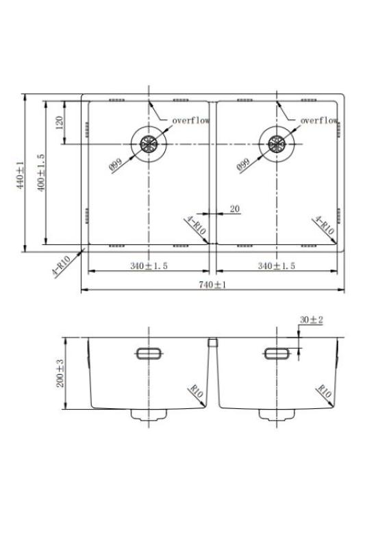 Pure.Sink Prestige Dvojno zlato umivalnik 70x40 cm 10mm radij podgradnja, ravna gradnja in nadgradnja PPG343440-60
